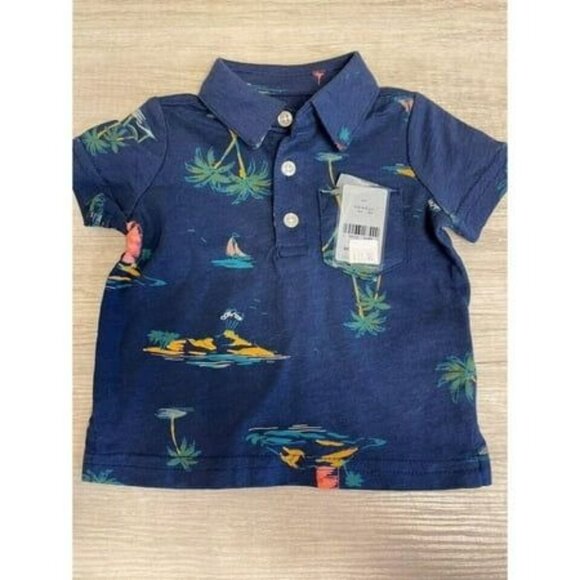 Toddler Boys Navy Polo‎ Shirt With Tropical Print & Button-Up Collar - Picture 1 of 1